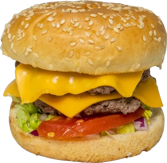 Cheeseburger double steak, fromage fondu, tomate, salade et oignons rouges dans un pain rond