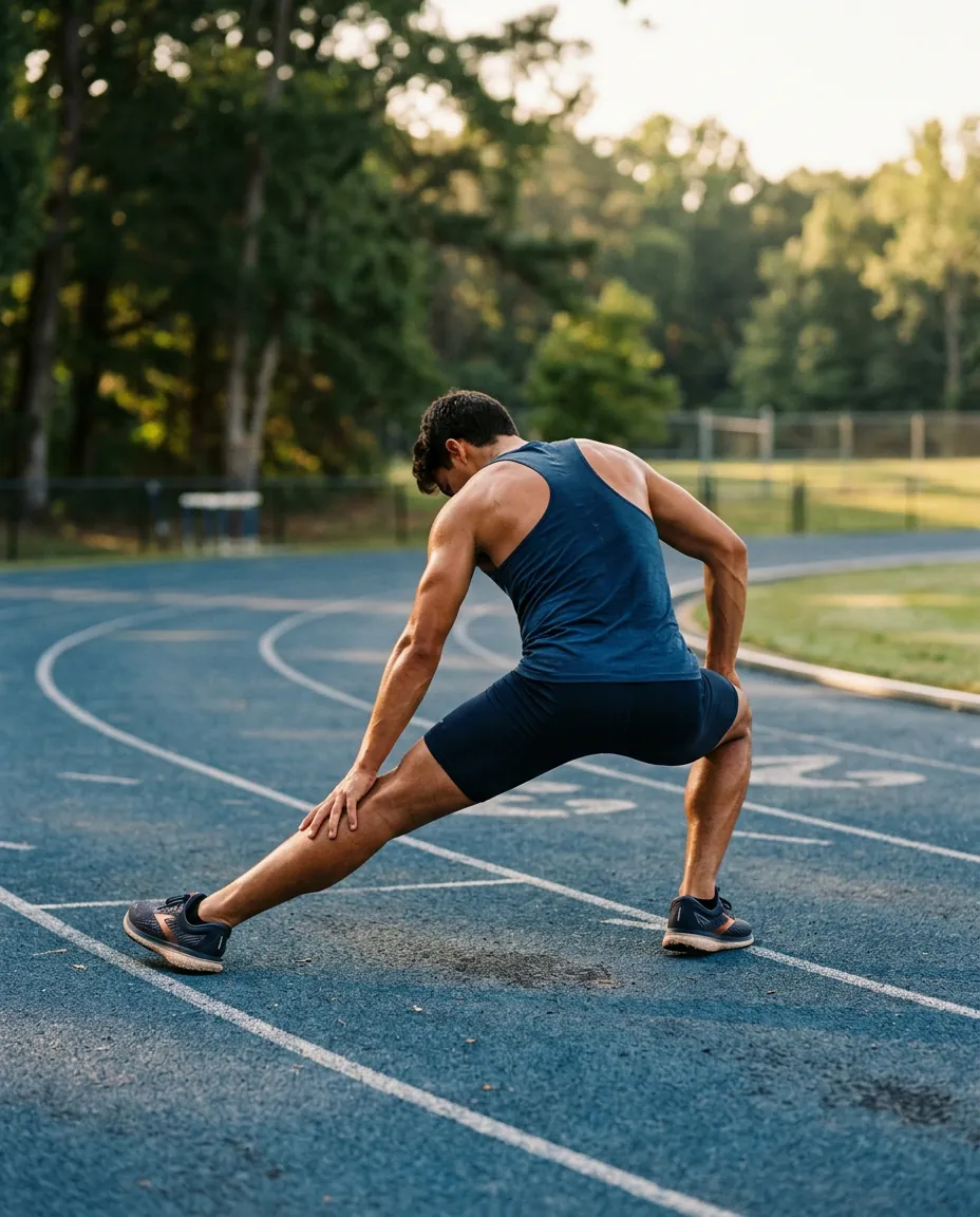Sportif en étirement sur une piste d'athlétisme
