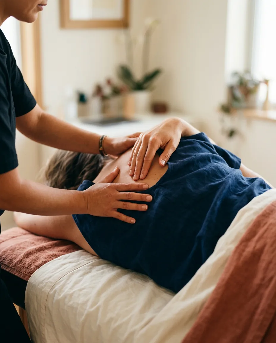 Séance d'ostéopathie — travail manuel doux sur le haut du dos