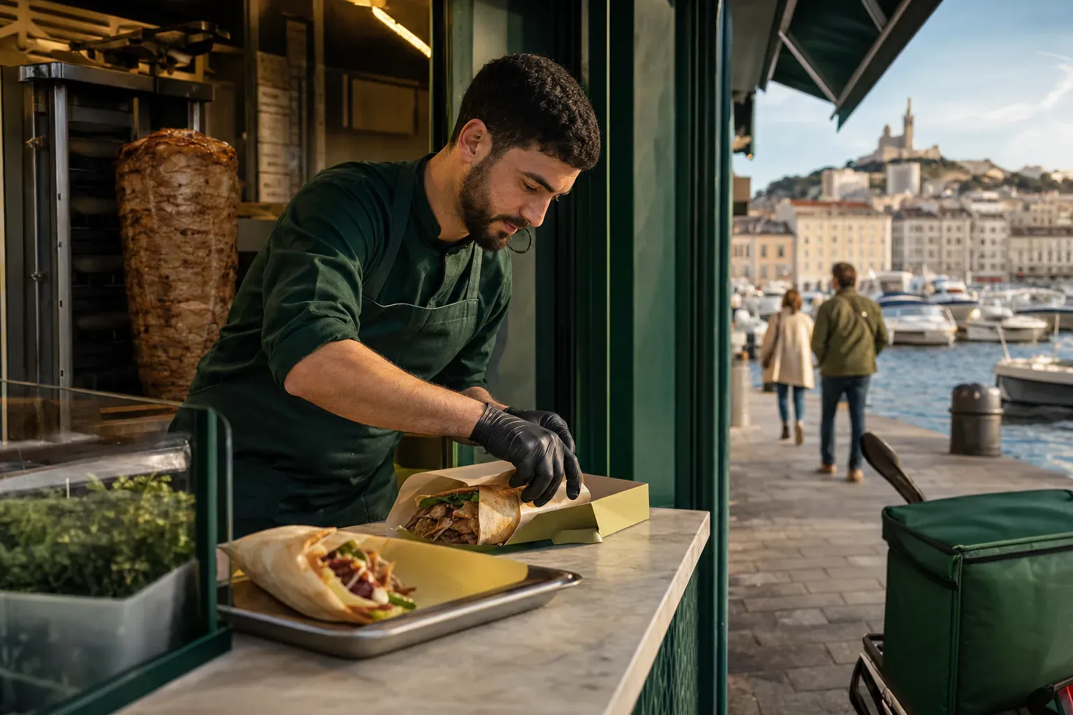 Au comptoir Durum, un serveur présente trois assiettes levantines dont des durums grillés, au moment du service
