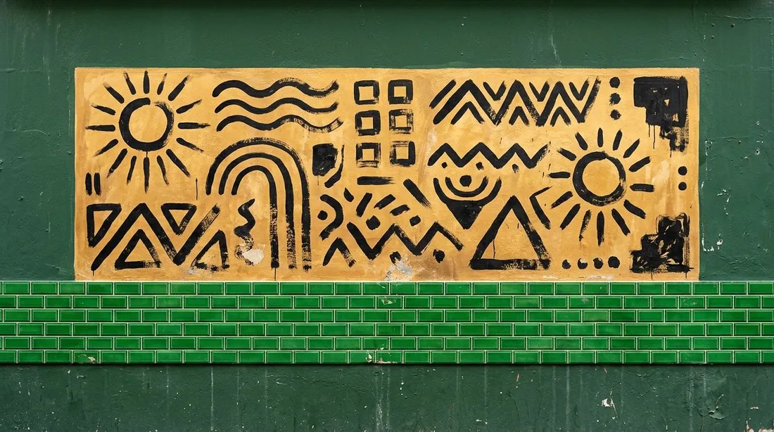Fresque street art aux symboles géométriques peints en noir sur fond ocre jaune, dans l'esprit des quartiers du centre de Marseille