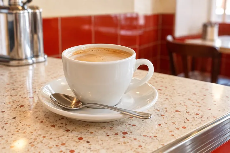 Un café crème posé sur un comptoir, devant une faïence rouge