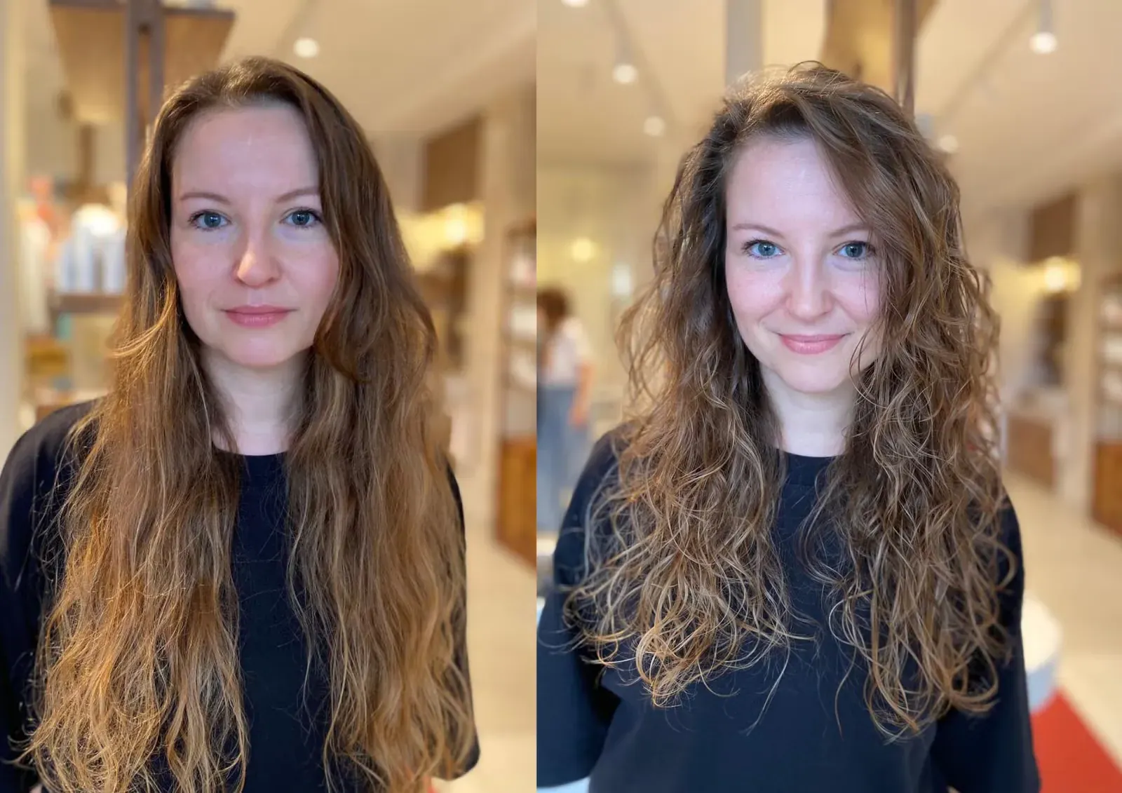 Avant / après montrant des boucles retrouvées après une coupe adaptée