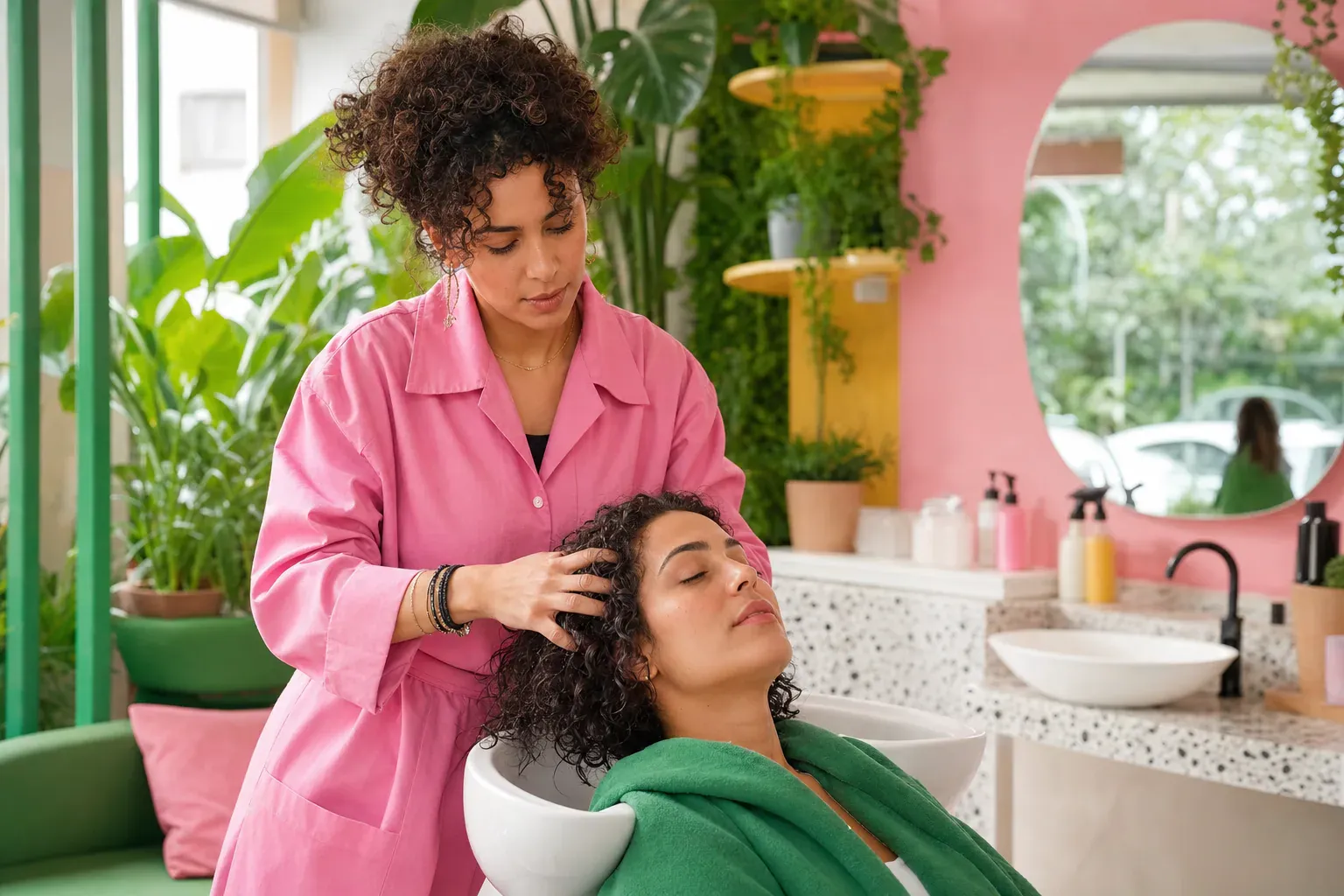 Avant/après d’un soin réparateur sur cheveux bouclés en salon spécialisé