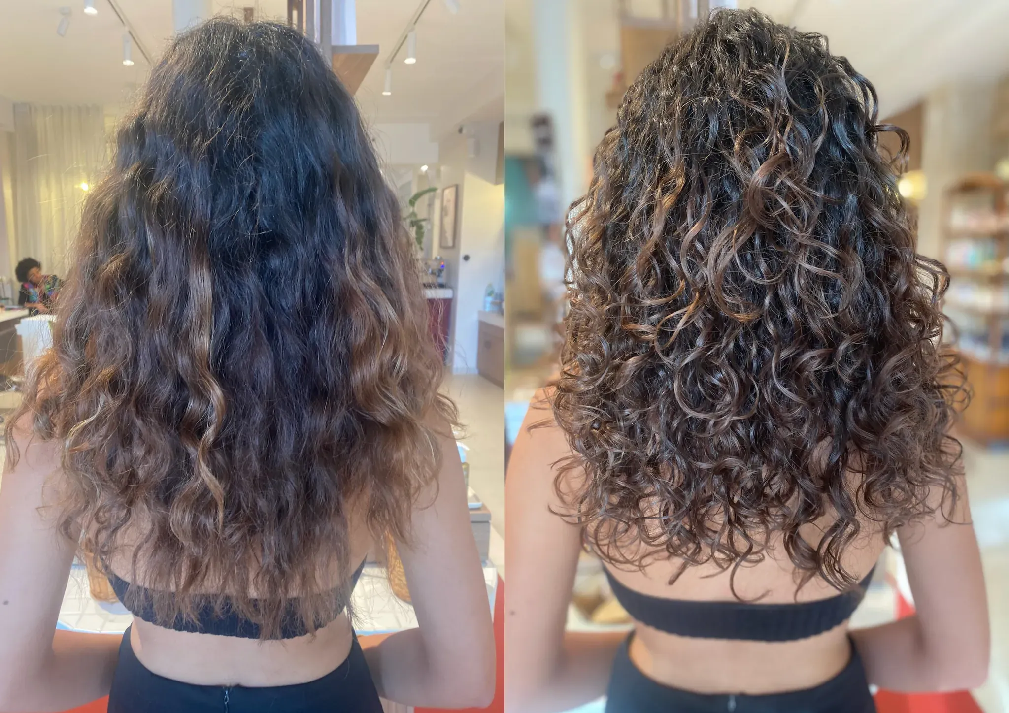Avant / après d’une chevelure bouclée coiffée en salon, boucles plus définies après une coupe à sec