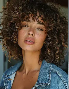 Portrait d'une cliente aux cheveux bouclés afro mis en valeur par la coiffeuse