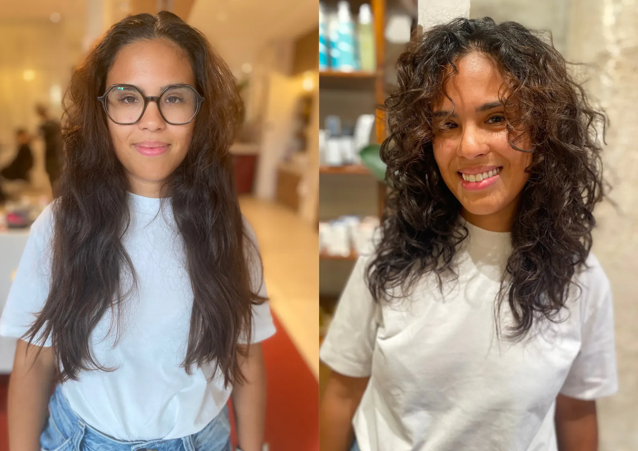 Avant / après en salon : cheveux raides puis boucles définies après une coupe spécialisée