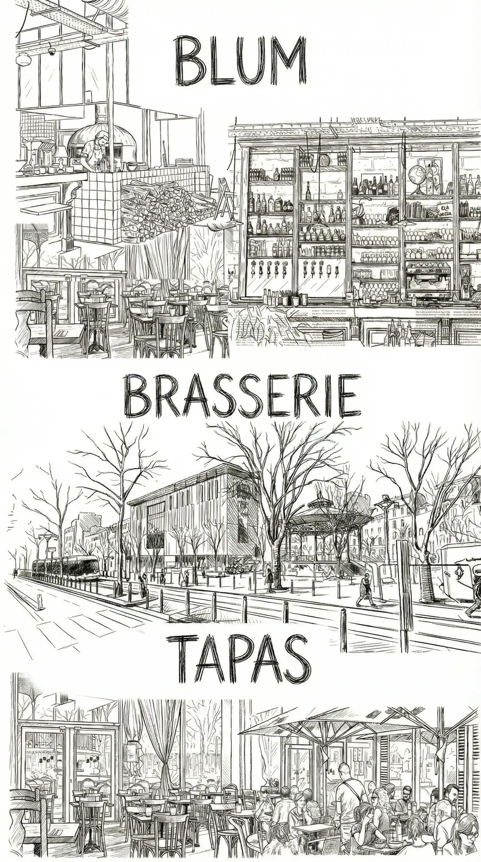 Décor illustré mobile, contact Brasserie Blum Marseille Canebière