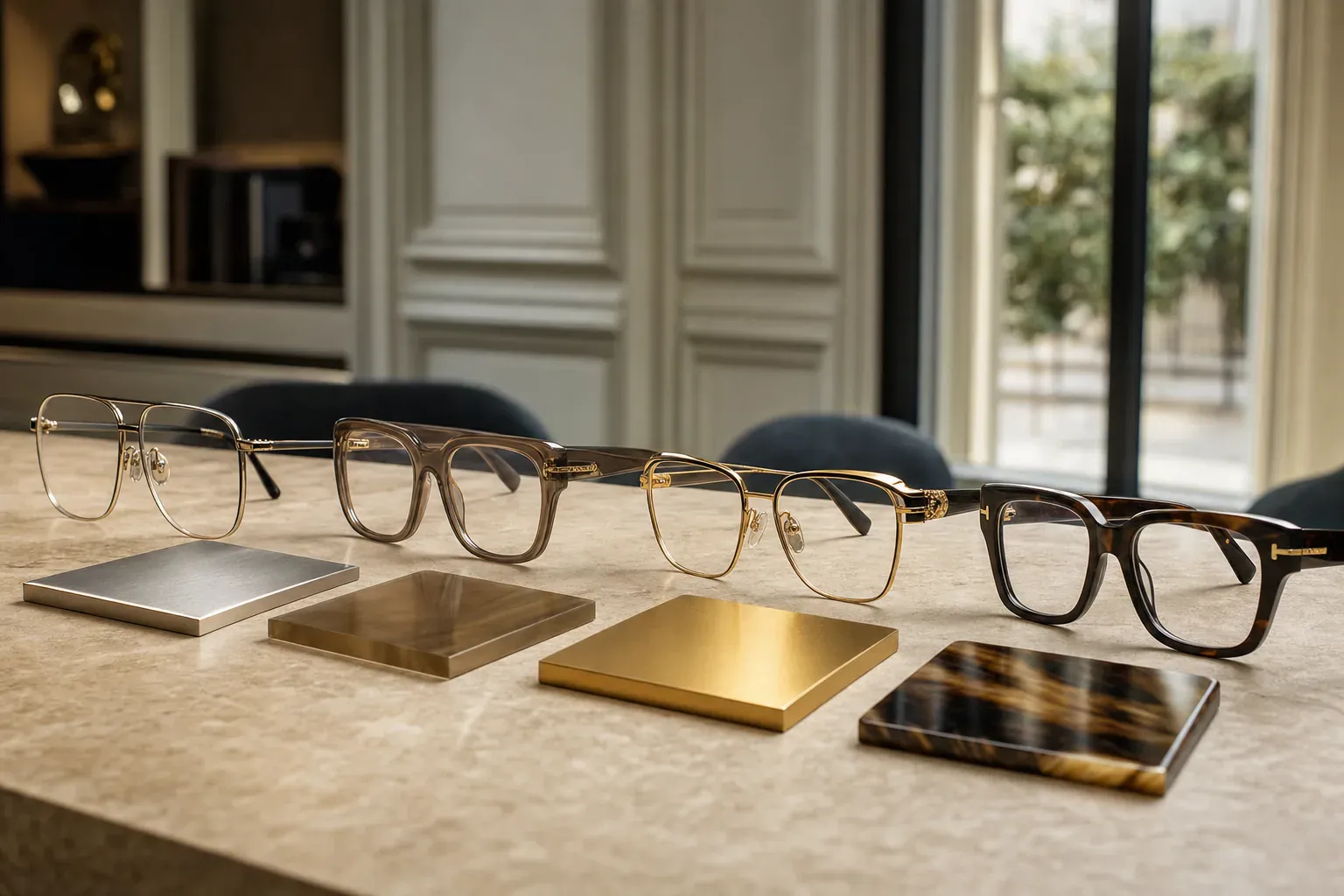 Montures de lunettes en titane, acétate écaille, or et corne présentées côte à côte