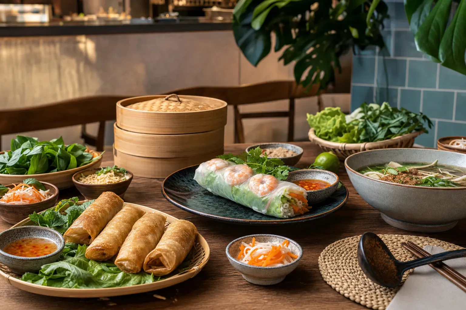 Illustration éditoriale comparant les nems frits et les rouleaux de printemps frais, cuisine vietnamienne
