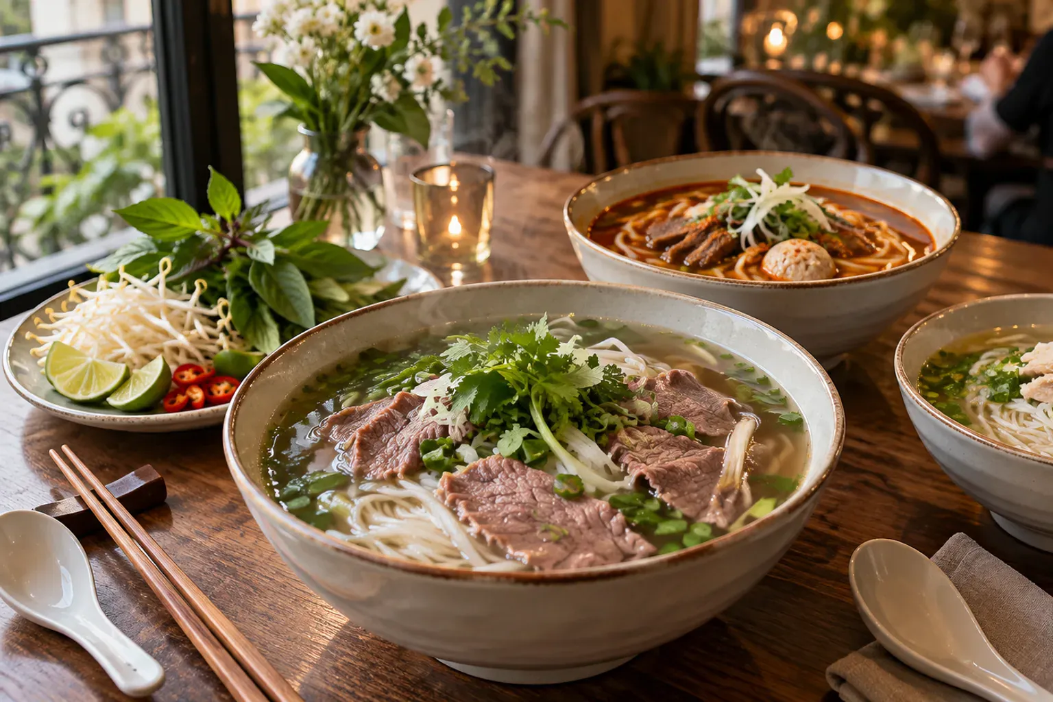 Illustration éditoriale de soupes vietnamiennes : bols fumants de bouillon, nouilles de riz et herbes fraîches