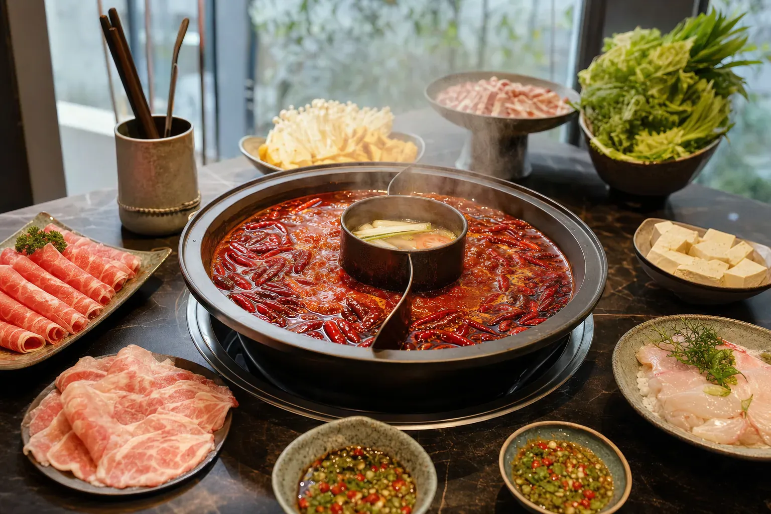 Marmite de hot pot sichuanais fumante au bouillon rouge épicé, posée au centre d’une table à partager