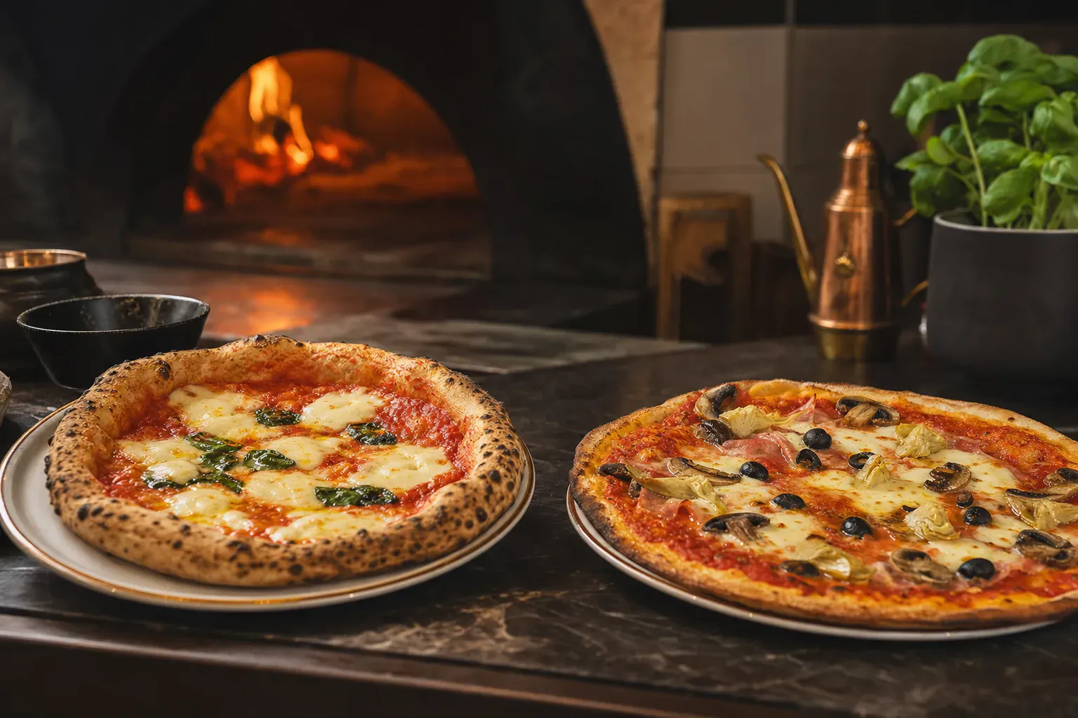 Illustration comparant une pizza napolitaine moelleuse à une pizza romaine fine et croustillante