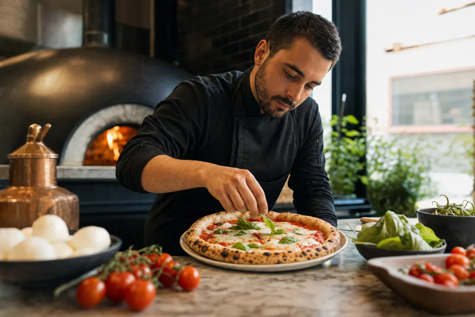 Pizza margherita au feu de bois, sauce tomate, mozzarella et basilic — illustration des calories d’une margherita