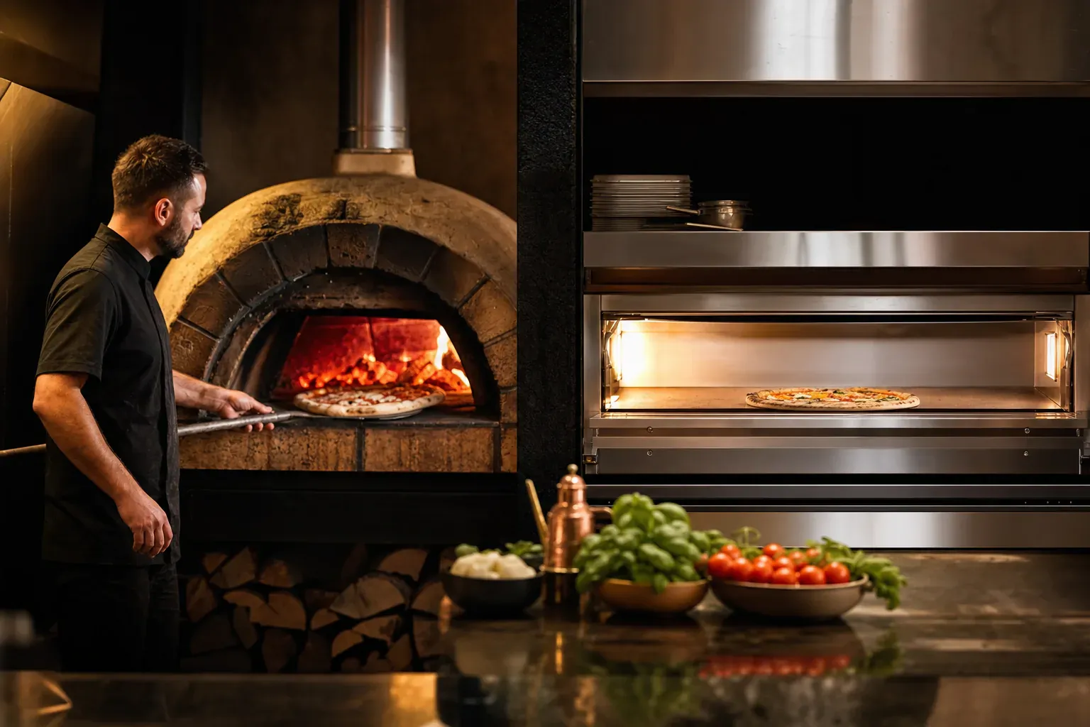 Comparaison illustrée entre la cuisson d’une pizza au four à bois et au four électrique