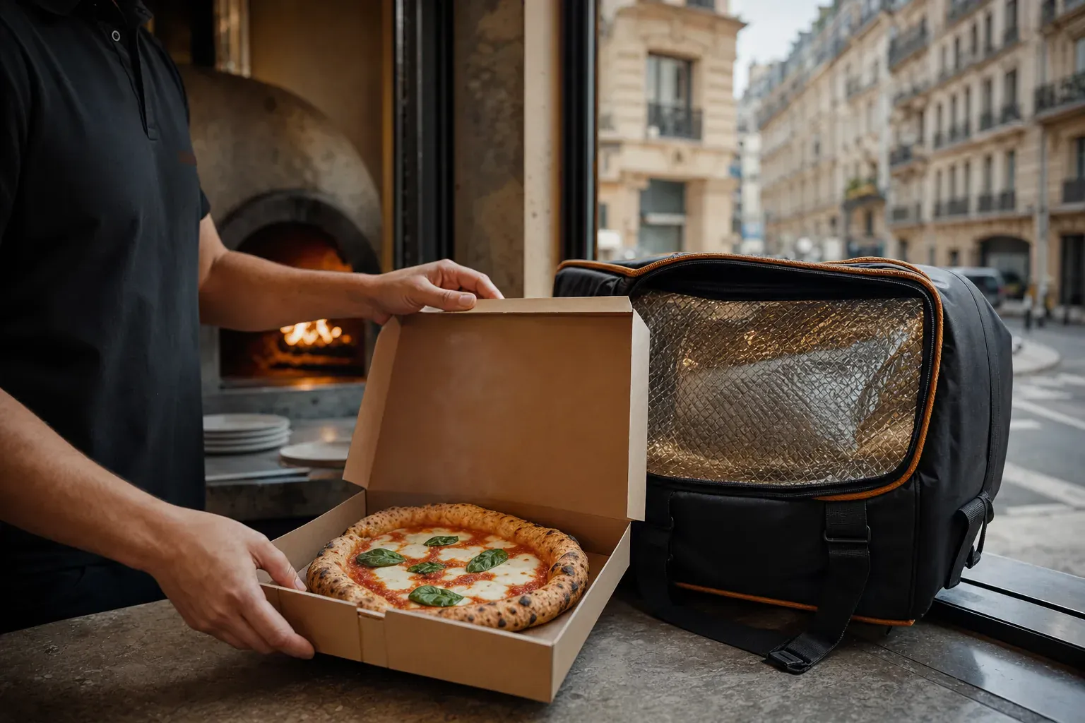 Pizza croustillante prête à être emportée, servie par la pizzeria Vecchio Forno à Clichy