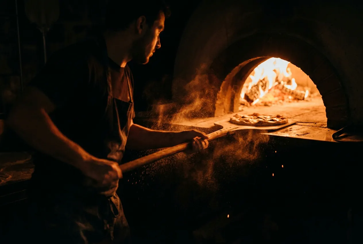 Le pizzaiolo enfourne une pizza à la pelle dans le four à bois